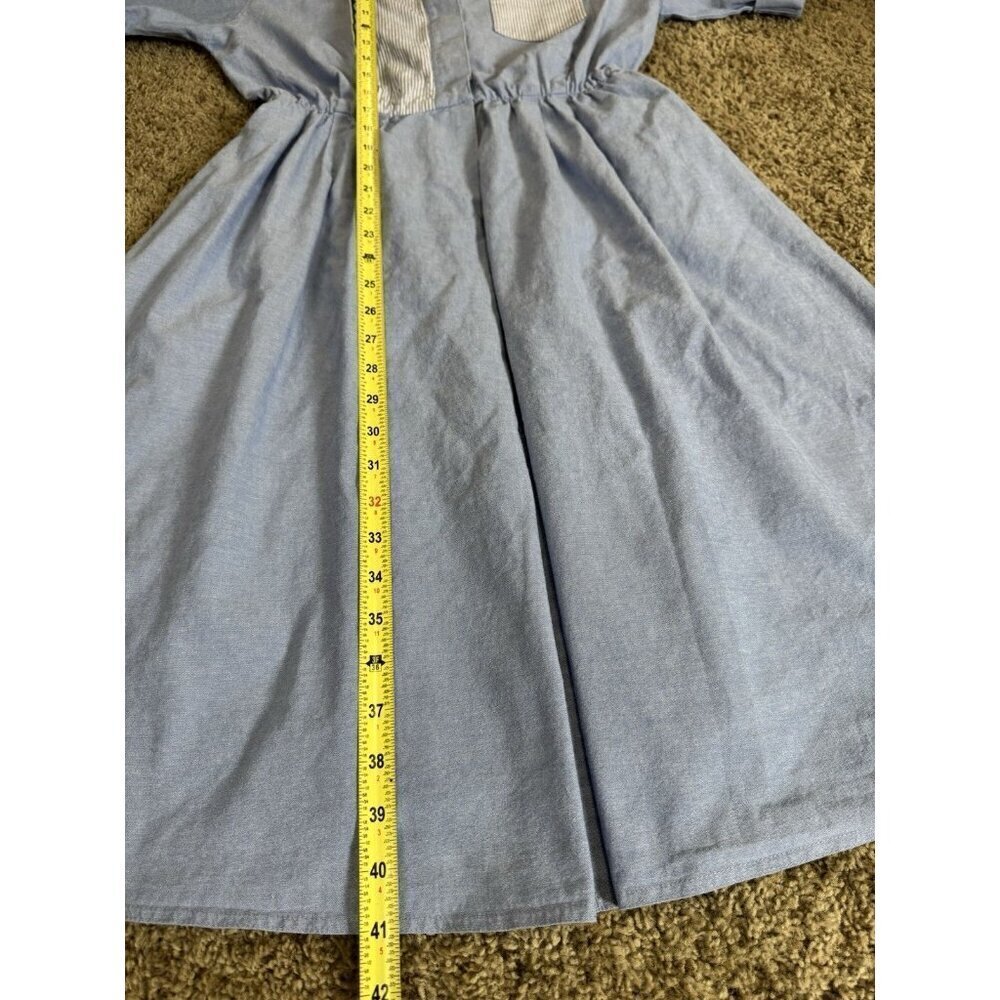 Vintage 70s 80s Fit & Flare Midi Dress Blue Stripe Elastic Waist Cotton USA 10 - Picture 9 of 9